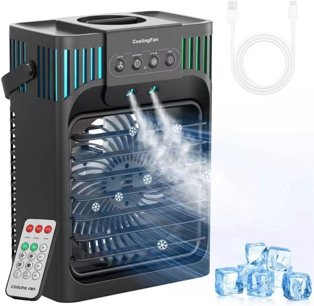 Portable Air Conditioners, 4-in-1 Evaporative Air Cooler with Remote Control, Cooling Fan with 3 Modes, 3 Speeds & 7 LED Lights, 2-8H Timer, 1200ML Personal Mini AC Unit for Home, Bedroom