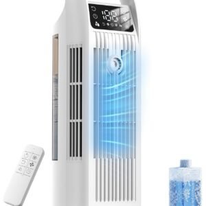 Portable Air Conditioner, 4 in 1 Evaporative Air Cooler with Remote Control, 1200ML Water Tank, 120 Oscillating, 4 Speeds, 12H Timer, Mist Spray Tower Fan for Home Office, White