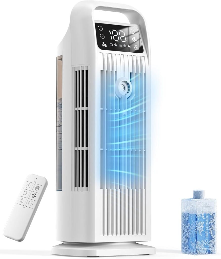Portable Air Conditioner, 4 in 1 Evaporative Air Cooler with Remote Control, 1200ML Water Tank, 120 Oscillating, 4 Speeds, 12H Timer, Mist Spray Tower Fan for Home Office, White
