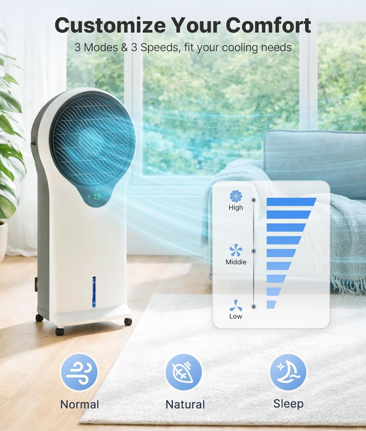 3-in-1 Evaporative Air Cooler - Portable Swamp Cooler Air Conditioner with 5.5L Water Tank & 2 Ice Packs, 3 Speeds, 3 Modes, Cooling Fans that Blow Cold Air for Home & Office - Image 4