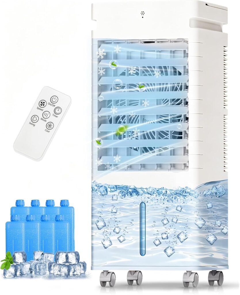 Portable Air Conditioners, Swamp Cooler Portable AC Unit for Room, Windowless Cooling Fan That Blow Cold Air w/Remote 5L Tank 12 Speeds 9H Timer, Evaporative Air Cooler for Bedroom Gara (White)
