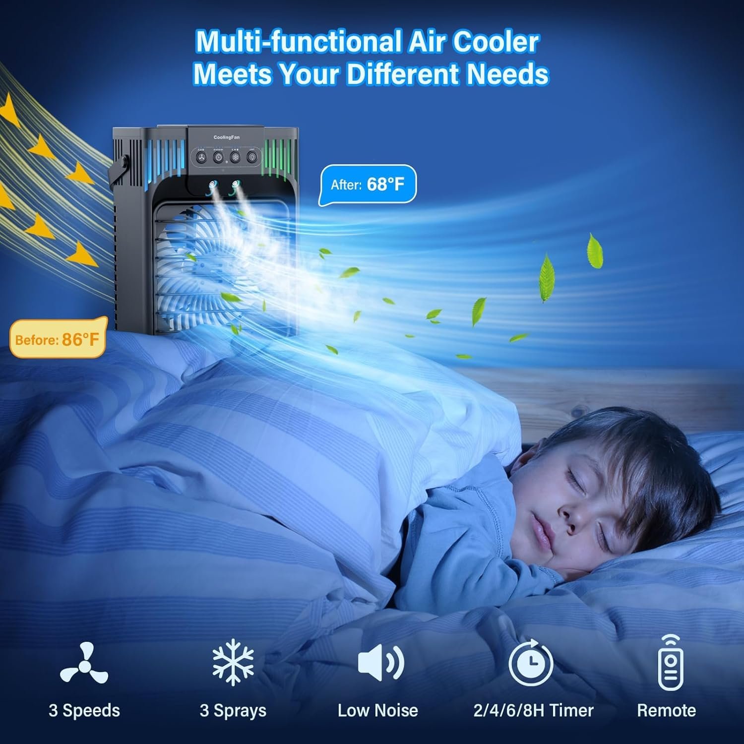 Portable Air Conditioners, 4-in-1 Evaporative Air Cooler with Remote Control, Cooling Fan with 3 Modes, 3 Speeds & 7 LED Lights, 2-8H Timer, 1200ML Personal Mini AC Unit for Home, Bedroom - Image 7