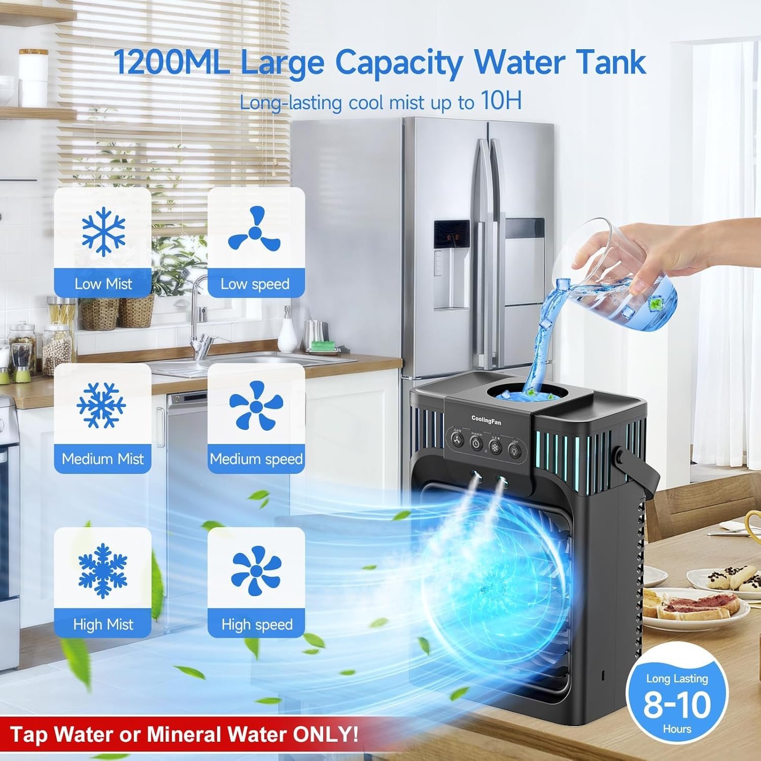 Portable Air Conditioners, 4-in-1 Evaporative Air Cooler with Remote Control, Cooling Fan with 3 Modes, 3 Speeds & 7 LED Lights, 2-8H Timer, 1200ML Personal Mini AC Unit for Home, Bedroom - Image 2