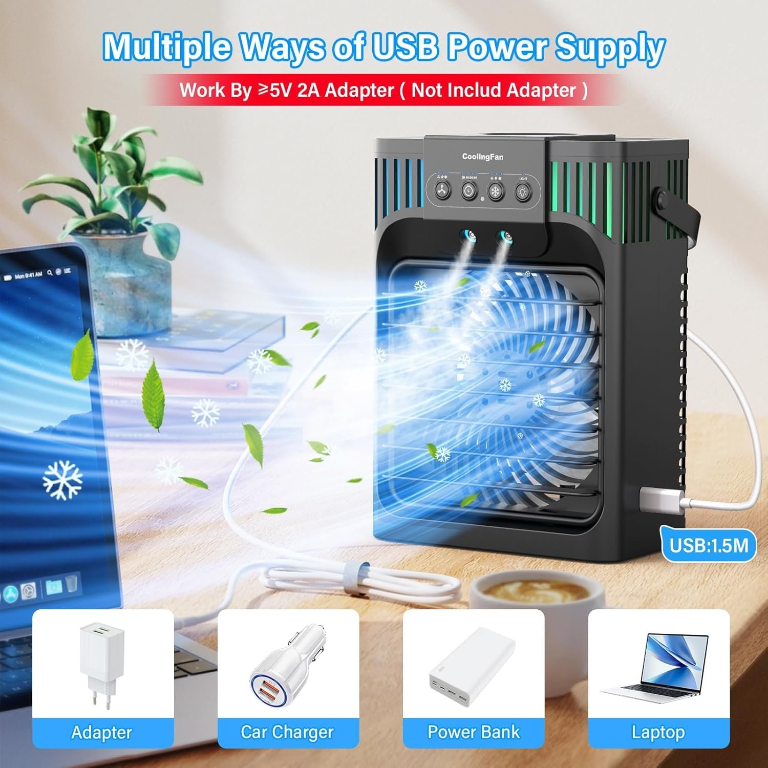 Portable Air Conditioners, 4-in-1 Evaporative Air Cooler with Remote Control, Cooling Fan with 3 Modes, 3 Speeds & 7 LED Lights, 2-8H Timer, 1200ML Personal Mini AC Unit for Home, Bedroom - Image 3