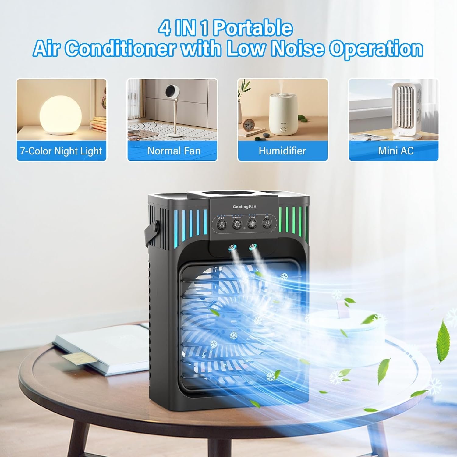 Portable Air Conditioners, 4-in-1 Evaporative Air Cooler with Remote Control, Cooling Fan with 3 Modes, 3 Speeds & 7 LED Lights, 2-8H Timer, 1200ML Personal Mini AC Unit for Home, Bedroom - Image 6