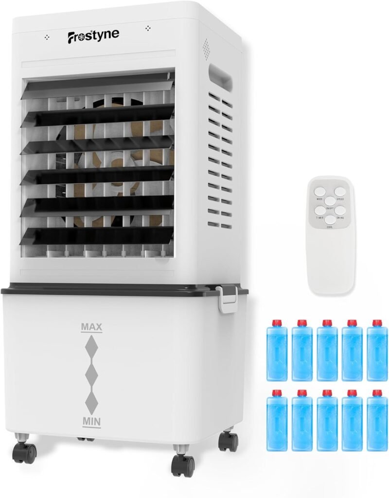 Portable Evaporative Air Cooler w/Humidifier – 3Ga Water Tank, 10 Ice Packs, 6 Speeds & 4 Modes, Timer & Remote, Windowless Portable Fan for Bedroom, Home, Office,Black