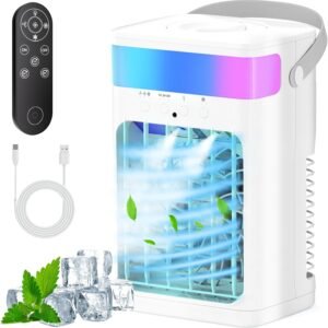 Portable Air Conditioner, Cooling Fan 3 Speeds & 3 Modes Personal Cooling Fan Mini Air Conditioner Fan with Remote, 1500ML Water Tank, Night Light, for Home Office Bedroom