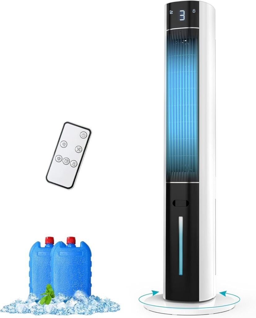 Rellytech Evaporative Air Cooler - Swamp Cooler with 3L Water Tank, 3 Modes & 3 Speeds, Remote Control, 12H Timer, 50° Oscillating Portable Bladeless Cooling Tower Fan For Room Bedroom Office