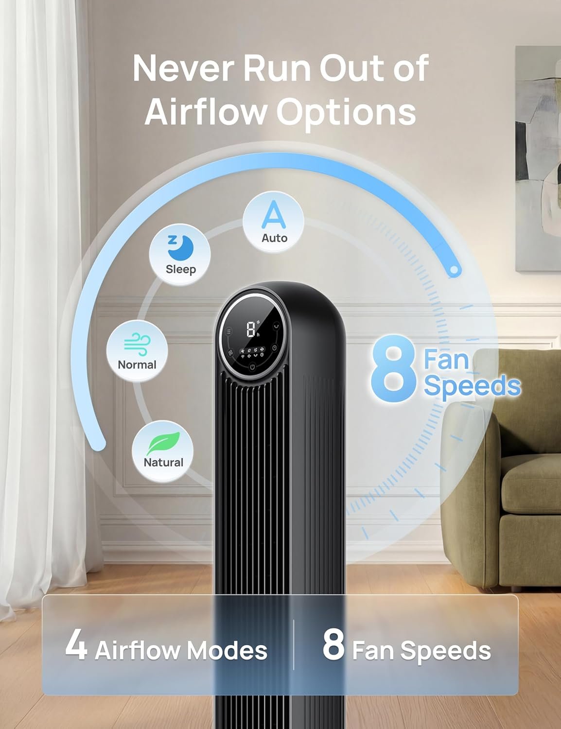 DREO Tower Fan for Bedroom, 2026 Upgraded DC Motor, 28ft/s High Velocity, 20dB Ultra Quiet Standing Fan, 8 Speeds 4 Modes, 90° Oscillating Bladeless Fan for Indoors, Floor Fans with Remote, Black - Image 5