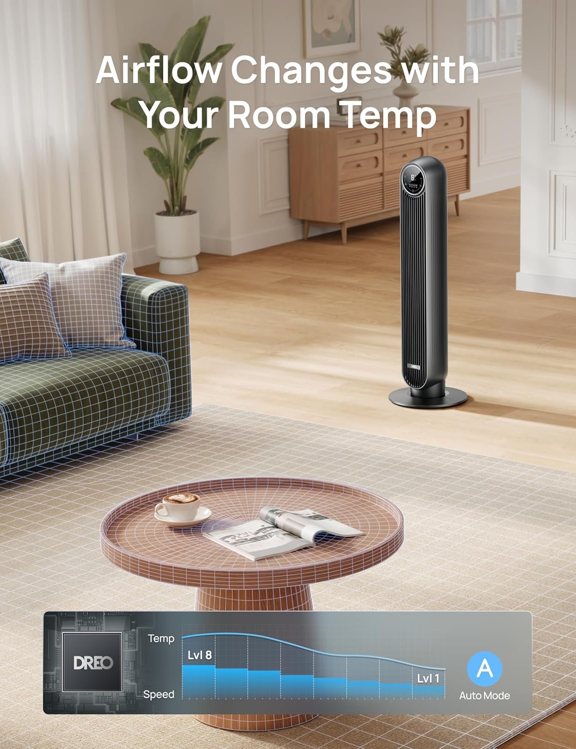 DREO Tower Fan for Bedroom, 2026 Upgraded DC Motor, 28ft/s High Velocity, 20dB Ultra Quiet Standing Fan, 8 Speeds 4 Modes, 90° Oscillating Bladeless Fan for Indoors, Floor Fans with Remote, Black - Image 8