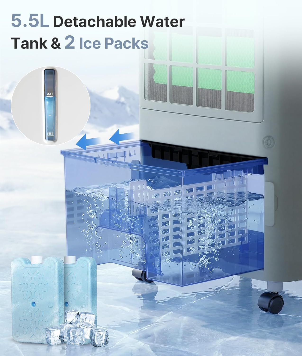 3-in-1 Evaporative Air Cooler - Portable Swamp Cooler Air Conditioner with 5.5L Water Tank & 2 Ice Packs, 3 Speeds, 3 Modes, Cooling Fans that Blow Cold Air for Home & Office - Image 7