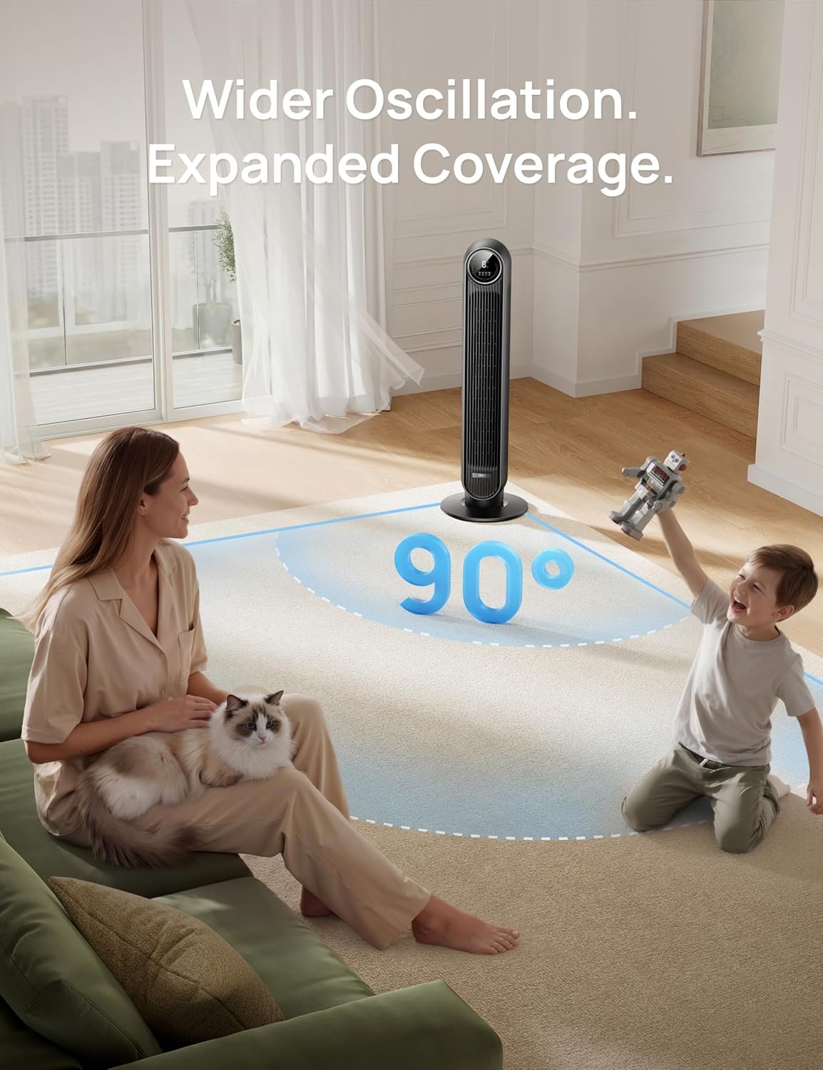 DREO Tower Fan for Bedroom, 2026 Upgraded DC Motor, 28ft/s High Velocity, 20dB Ultra Quiet Standing Fan, 8 Speeds 4 Modes, 90° Oscillating Bladeless Fan for Indoors, Floor Fans with Remote, Black - Image 6