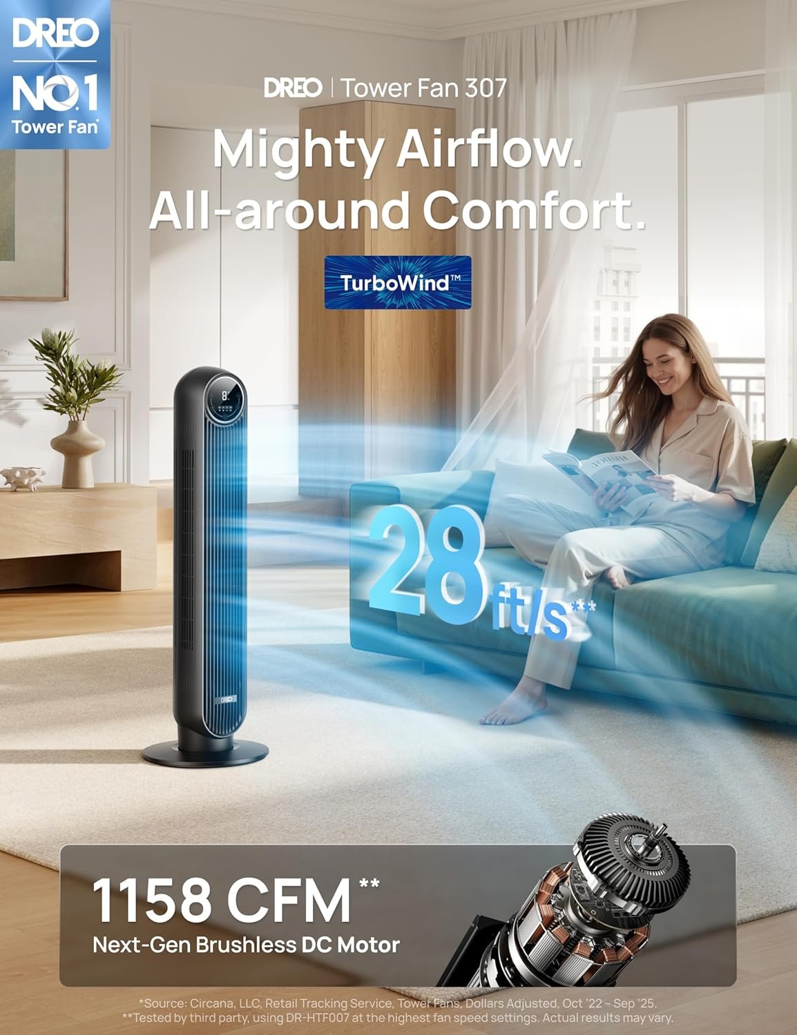 DREO Tower Fan for Bedroom, 2026 Upgraded DC Motor, 28ft/s High Velocity, 20dB Ultra Quiet Standing Fan, 8 Speeds 4 Modes, 90° Oscillating Bladeless Fan for Indoors, Floor Fans with Remote, Black - Image 4