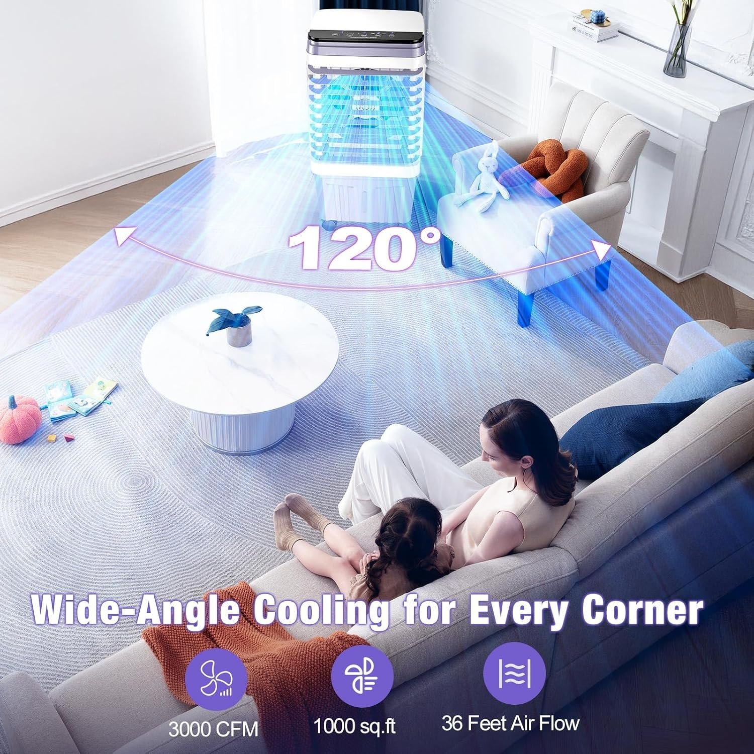 Portable Air Conditioners, 3000 CFM Swamp Cooler, Evaporative Air Cooler with 6.87 Gal Water Tank, 3 Speeds & 4 Modes, 120ยฐ Oscillation, 15H Timer Air Cooler for Home, Kitchen, Bedroom - Image 2