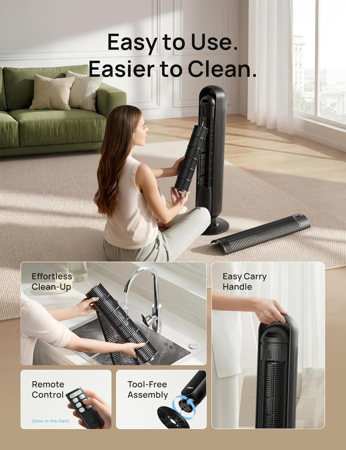 DREO Tower Fan for Bedroom, 2026 Upgraded DC Motor, 28ft/s High Velocity, 20dB Ultra Quiet Standing Fan, 8 Speeds 4 Modes, 90° Oscillating Bladeless Fan for Indoors, Floor Fans with Remote, Black - Image 7