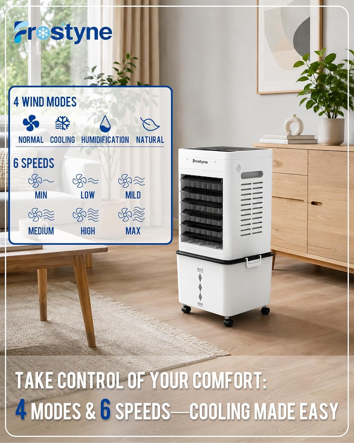 Portable Evaporative Air Cooler w/Humidifier โ 3Ga Water Tank, 10 Ice Packs, 6 Speeds & 4 Modes, Timer & Remote, Windowless Portable Fan for Bedroom, Home, Office,Black - Image 2